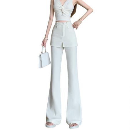 BY15919# 白色屁帘微喇裤女春夏新款高腰设计感假两件休闲拖地裤长裤子 服裝批發女裝批發服飾貨源