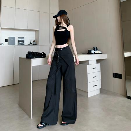 BY15920# 咖色两件可拆卸屁帘工装裤女春夏薄新款设计感宽松阔腿运动裤 服裝批發女裝批發服飾貨源