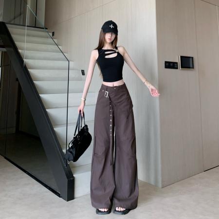 BY15920# 咖色两件可拆卸屁帘工装裤女春夏薄新款设计感宽松阔腿运动裤 服裝批發女裝批發服飾貨源