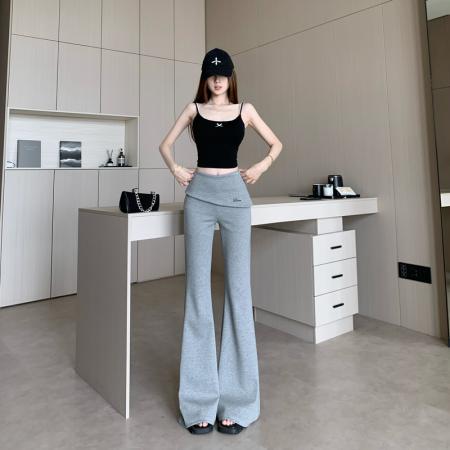 BY15921# 春夏新款韩版修身显瘦百搭纯色翻腰刺绣简约微喇裤休闲裤女 服裝批發女裝批發服飾貨源