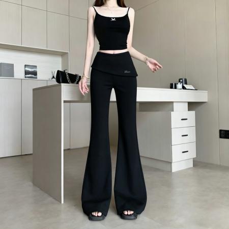 BY15921# 春夏新款韩版修身显瘦百搭纯色翻腰刺绣简约微喇裤休闲裤女 服裝批發女裝批發服飾貨源