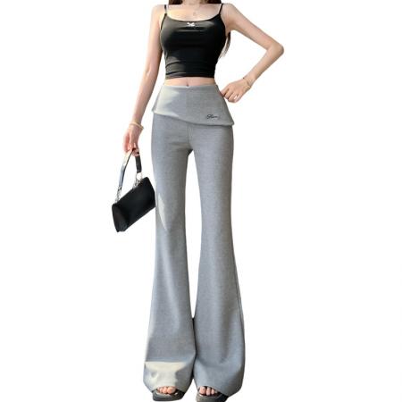 BY15921# 春夏新款韩版修身显瘦百搭纯色翻腰刺绣简约微喇裤休闲裤女 服裝批發女裝批發服飾貨源