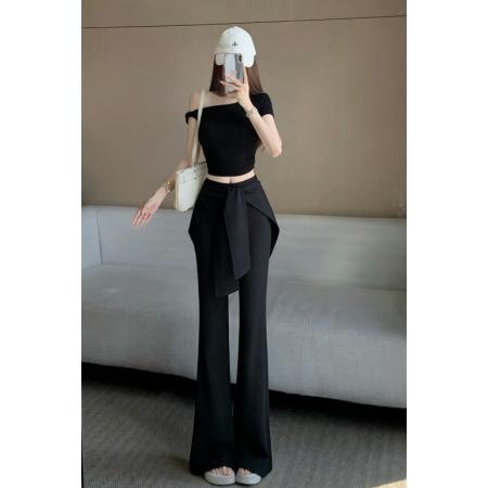 白色微喇裤女春夏新款屁帘绑带高腰拖地长裤时尚辣妹显瘦休闲裤子 服裝批發女裝批發服飾貨源