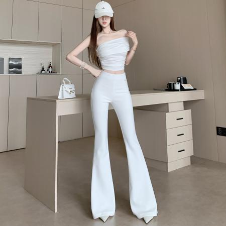 白色微喇西装裤女春夏新款高腰垂感显瘦修身喇叭裤休闲长裤 服裝批發女裝批發服飾貨源