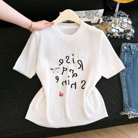 BY15925# 夏季新款时尚洋气刺绣圆领针织衫T恤女休闲百搭宽松减龄上衣 服裝批發女裝批發服飾貨源