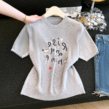 BY15925# 夏季新款时尚洋气刺绣圆领针织衫T恤女休闲百搭宽松减龄上衣 服裝批發女裝批發服飾貨源