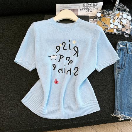 BY15925# 夏季新款时尚洋气刺绣圆领针织衫T恤女休闲百搭宽松减龄上衣 服裝批發女裝批發服飾貨源