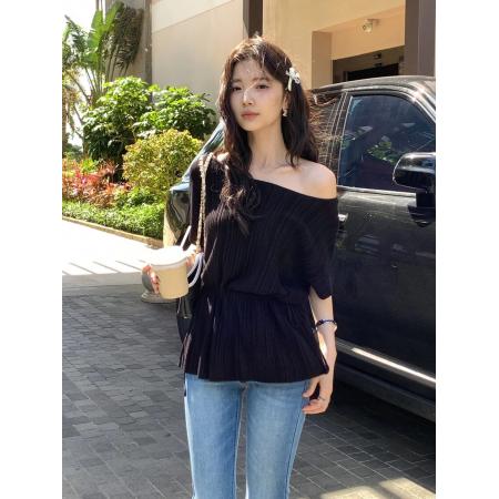 BY15929# 时尚老钱风莱赛尔肌理坑条宽松收腰蝙蝠袖针织小衫 服裝批發女裝批發服飾貨源