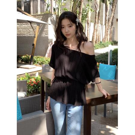 BY15929# 时尚老钱风莱赛尔肌理坑条宽松收腰蝙蝠袖针织小衫 服裝批發女裝批發服飾貨源