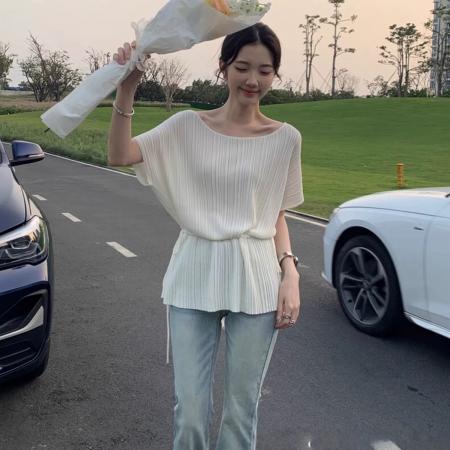 BY15929# 时尚老钱风莱赛尔肌理坑条宽松收腰蝙蝠袖针织小衫 服裝批發女裝批發服飾貨源