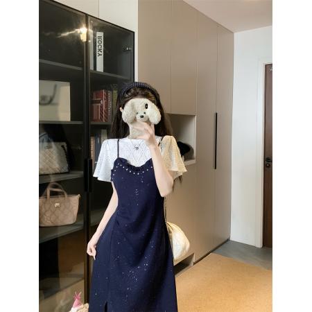 BY15930# 大码法式假两件遮肚亮片连衣裙胖mm夏季气质时尚减龄显瘦开叉裙子 服裝批發女裝批發服飾貨源