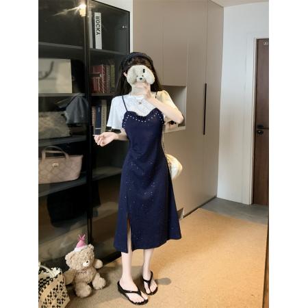 BY15930# 大码法式假两件遮肚亮片连衣裙胖mm夏季气质时尚减龄显瘦开叉裙子 服裝批發女裝批發服飾貨源