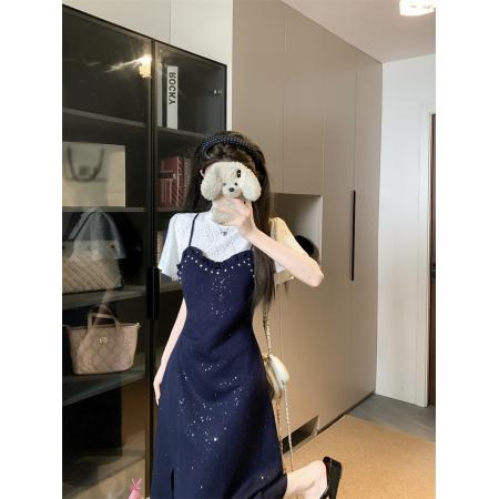 BY15930# 大码法式假两件遮肚亮片连衣裙胖mm夏季气质时尚减龄显瘦开叉裙子 服裝批發女裝批發服飾貨源