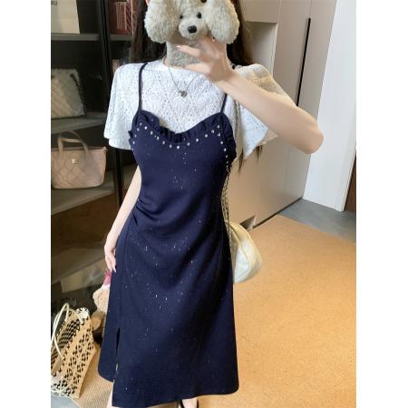 BY15930# 大码法式假两件遮肚亮片连衣裙胖mm夏季气质时尚减龄显瘦开叉裙子 服裝批發女裝批發服飾貨源