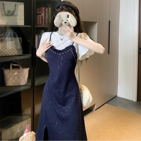 BY15930# 大码法式假两件遮肚亮片连衣裙胖mm夏季气质时尚减龄显瘦开叉裙子 服裝批發女裝批發服飾貨源