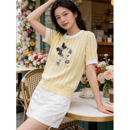 BY15933# 时尚新款重工针织刺绣短袖针织衫圆领显瘦气质法式上衣 服裝批發女裝批發服飾貨源