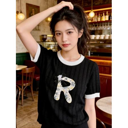 BY15933# 时尚新款重工针织刺绣短袖针织衫圆领显瘦气质法式上衣 服裝批發女裝批發服飾貨源