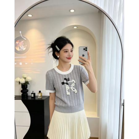 BY15933# 时尚新款重工针织刺绣短袖针织衫圆领显瘦气质法式上衣 服裝批發女裝批發服飾貨源