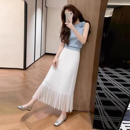 BY15934# 气质蓝色上衣半身裙子两件套女夏季小个子漂亮无袖穿搭一整套 服裝批發女裝批發服飾貨源