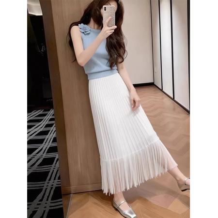 BY15934# 气质蓝色上衣半身裙子两件套女夏季小个子漂亮无袖穿搭一整套 服裝批發女裝批發服飾貨源