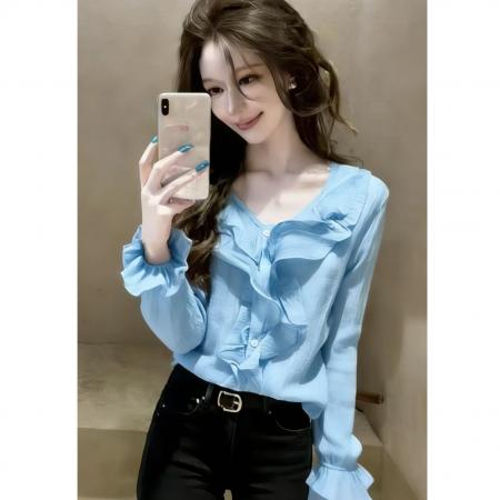 BY15936# 优雅天空蓝v领荷叶边长袖衬衫女春季新款百搭宽松显瘦上衣 服裝批發女裝批發服飾貨源