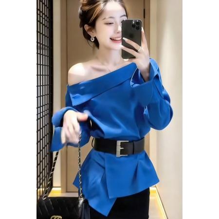 BY15937# 夏季上新法式气质设计感穿搭女斜肩长袖衬衫 服裝批發女裝批發服飾貨源