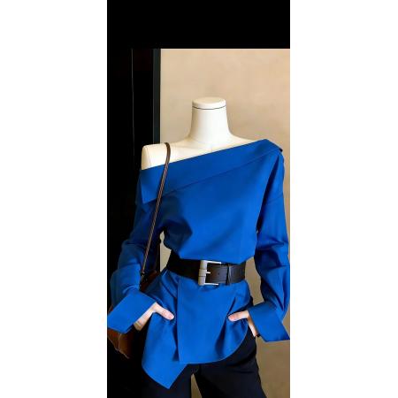 BY15937# 夏季上新法式气质设计感穿搭女斜肩长袖衬衫 服裝批發女裝批發服飾貨源