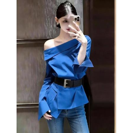 BY15937# 夏季上新法式气质设计感穿搭女斜肩长袖衬衫 服裝批發女裝批發服飾貨源