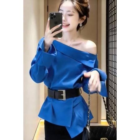 BY15937# 夏季上新法式气质设计感穿搭女斜肩长袖衬衫 服裝批發女裝批發服飾貨源