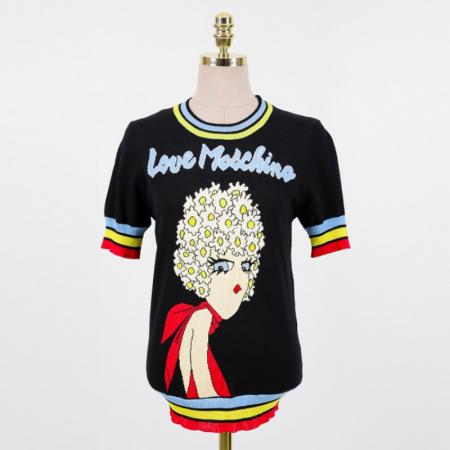 BY15941# 美女图案短袖针织衫春夏新款女装撞色打底上衣韩版时尚百搭 服裝批發女裝批發服飾貨源