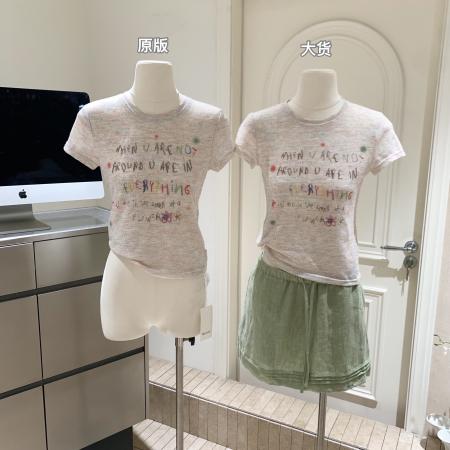 BY15946# 蘑糯糯同款花纱童趣修身短袖T恤杂色圆领套头上衣 服裝批發女裝批發服飾貨源