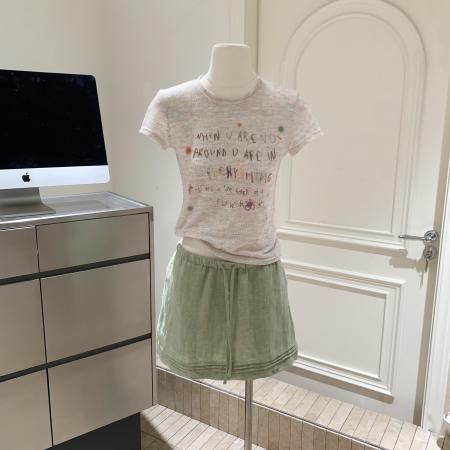 BY15946# 蘑糯糯同款花纱童趣修身短袖T恤杂色圆领套头上衣 服裝批發女裝批發服飾貨源