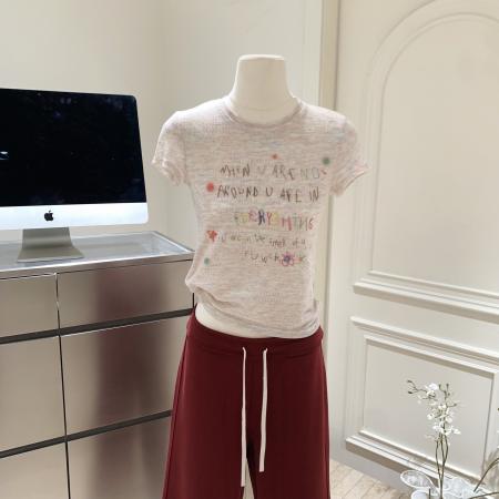 BY15946# 蘑糯糯同款花纱童趣修身短袖T恤杂色圆领套头上衣 服裝批發女裝批發服飾貨源