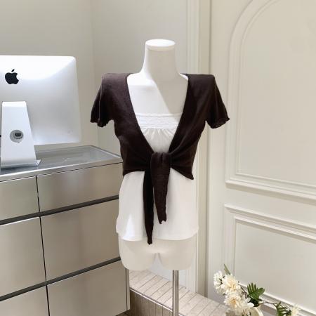 BY15950# 棕色V领绑带短款针织衫女bm短袖围裹式宽肩罩衫外搭上衣 服裝批發女裝批發服飾貨源