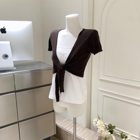 BY15950# 棕色V领绑带短款针织衫女bm短袖围裹式宽肩罩衫外搭上衣 服裝批發女裝批發服飾貨源