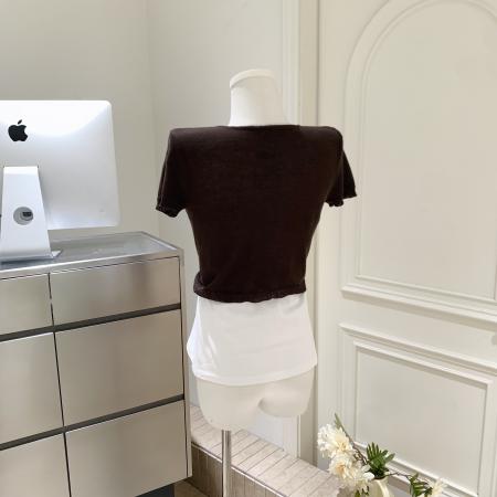 BY15950# 棕色V领绑带短款针织衫女bm短袖围裹式宽肩罩衫外搭上衣 服裝批發女裝批發服飾貨源