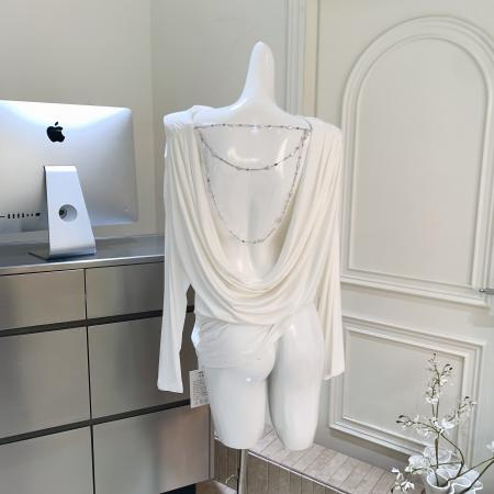 BY15951# 免疫系统软糯兰精天丝露背荡领珠链长袖罩衫上衣 服裝批發女裝批發服飾貨源