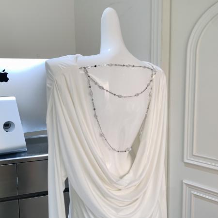 BY15951# 免疫系统软糯兰精天丝露背荡领珠链长袖罩衫上衣 服裝批發女裝批發服飾貨源