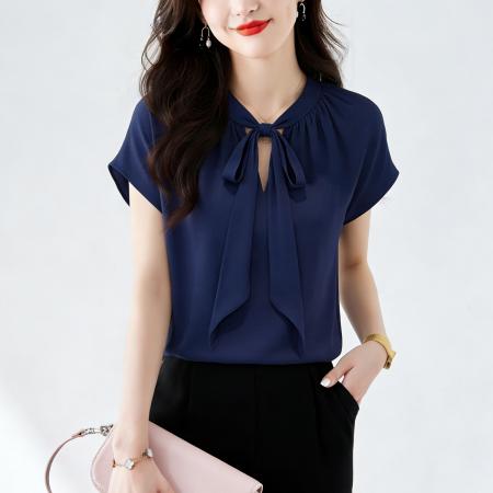 优雅风显白系带雪纺衬衫时髦通勤气质百搭小衫女夏季新款 服裝批發女裝批發服飾貨源