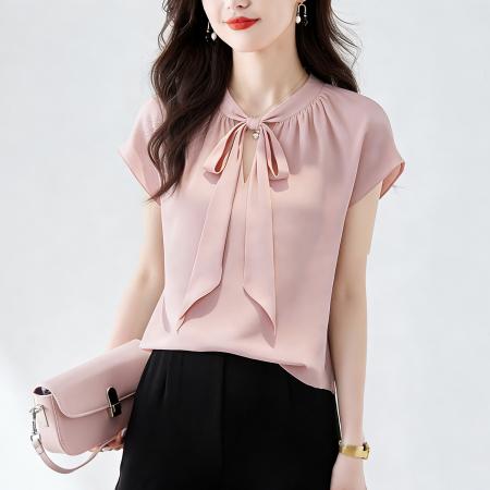 优雅风显白系带雪纺衬衫时髦通勤气质百搭小衫女夏季新款 服裝批發女裝批發服飾貨源