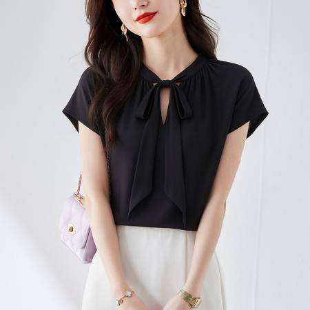 优雅风显白系带雪纺衬衫时髦通勤气质百搭小衫女夏季新款 服裝批發女裝批發服飾貨源