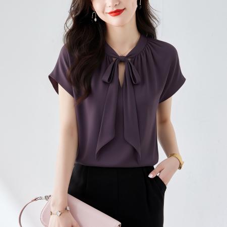 优雅风显白系带雪纺衬衫时髦通勤气质百搭小衫女夏季新款 服裝批發女裝批發服飾貨源