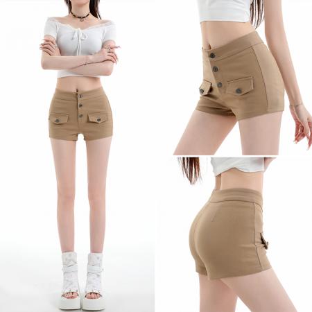 纯欲辣妹卡其色短裤夏新款高腰修身显瘦弹力包臀女团热裤 服裝批發女裝批發服飾貨源