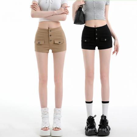 纯欲辣妹卡其色短裤夏新款高腰修身显瘦弹力包臀女团热裤 服裝批發女裝批發服飾貨源