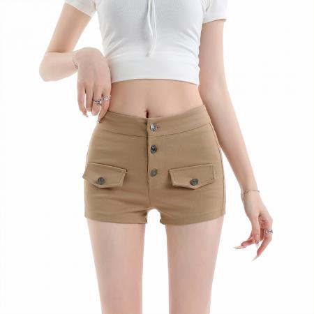 纯欲辣妹卡其色短裤夏新款高腰修身显瘦弹力包臀女团热裤 服裝批發女裝批發服飾貨源