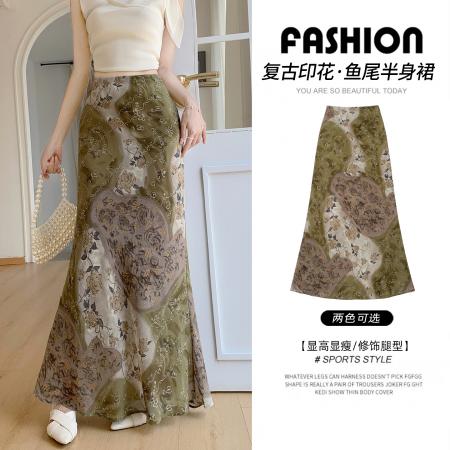 BY15984# 夏季新款中古感晕染印花鱼尾裙半身裙显瘦包臀裙度假风雪纺长裙 服裝批發女裝批發服飾貨源