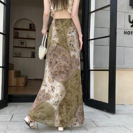 BY15984# 夏季新款中古感晕染印花鱼尾裙半身裙显瘦包臀裙度假风雪纺长裙 服裝批發女裝批發服飾貨源