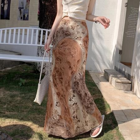 BY15984# 夏季新款中古感晕染印花鱼尾裙半身裙显瘦包臀裙度假风雪纺长裙 服裝批發女裝批發服飾貨源