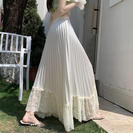 BY15985# 法式缎面压折拼蕾丝半身裙女松紧腰百褶大摆不规则长裙 服裝批發女裝批發服飾貨源