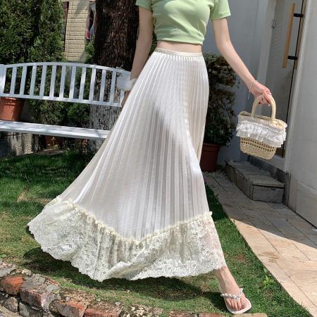 BY15985# 法式缎面压折拼蕾丝半身裙女松紧腰百褶大摆不规则长裙 服裝批發女裝批發服飾貨源